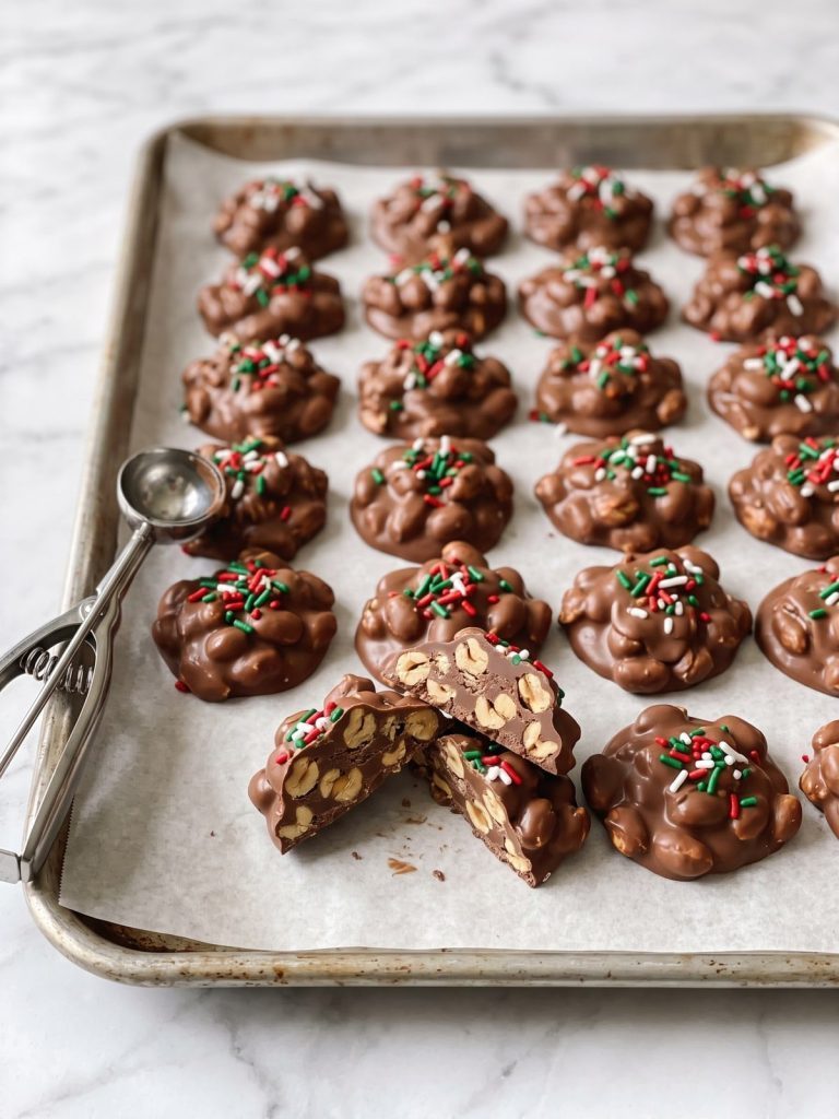 Rows of chocolate peanut clusters topped with red and green sprinkles on a parchment-lined sheet pan, one broken in half to show the peanuts inside