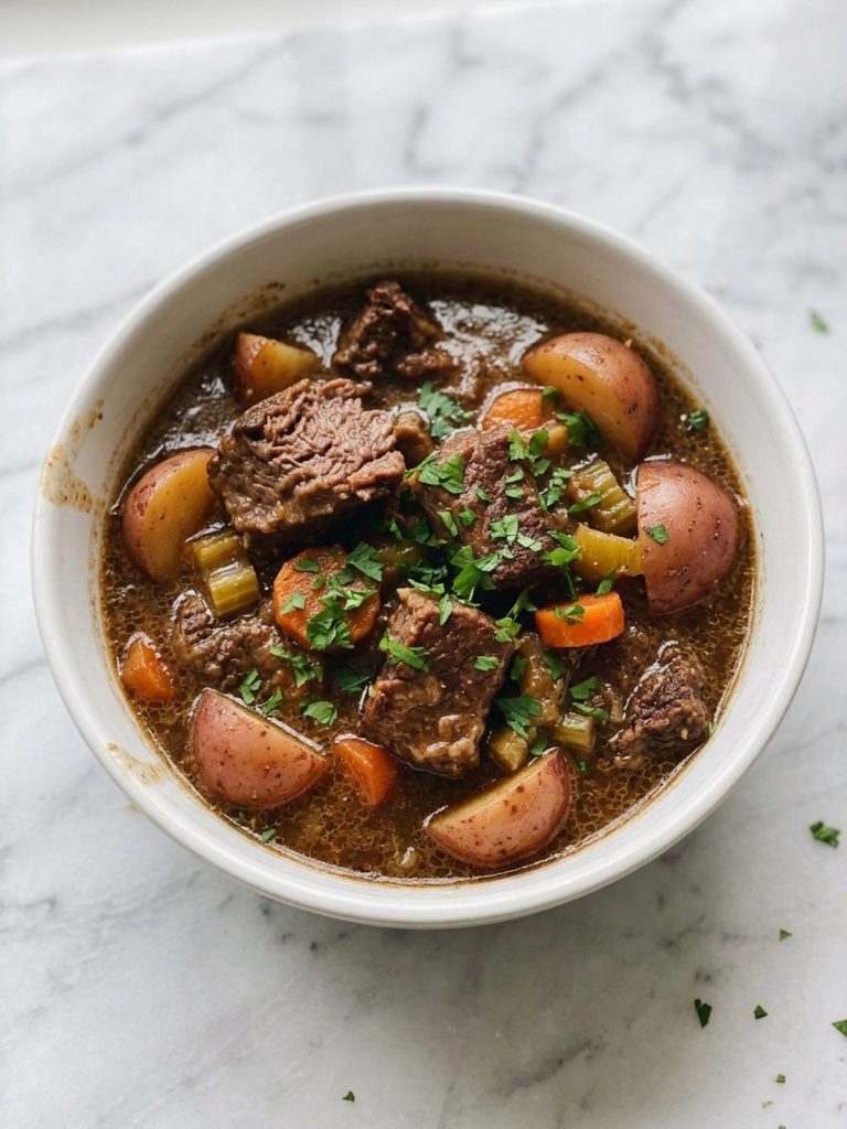 A full bowl of slow cooker Guinness beef stew with beef, potatoes and carrots