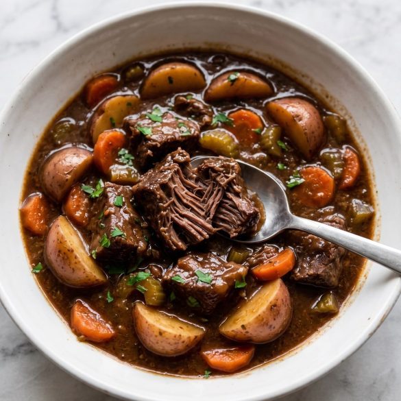 A bowl of Guinness beef stew with chunks of beef, baby red potatoes, carrots and celery in thick dark gravy