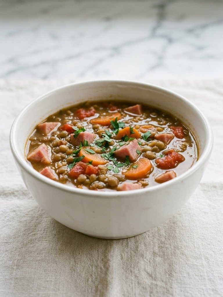 A bowl of ham and lentil soup with carrots and tomatoes