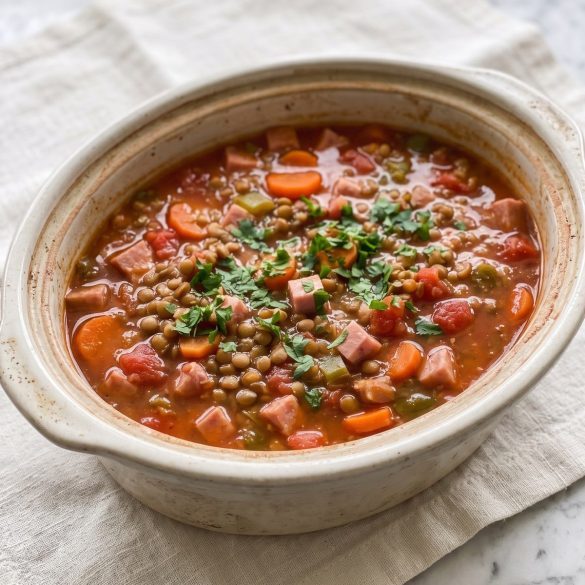 A slow cooker of brothy ham and lentil soup with carrots, tomatoes and cubes of ham