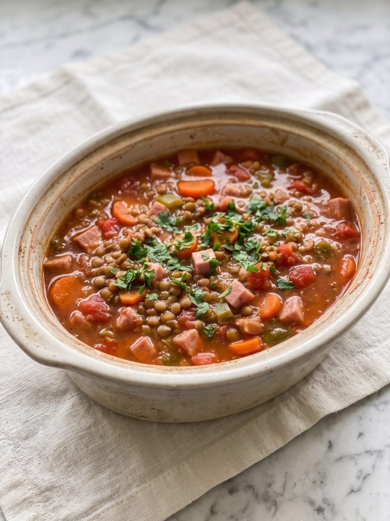A slow cooker of brothy ham and lentil soup with carrots, tomatoes and cubes of ham