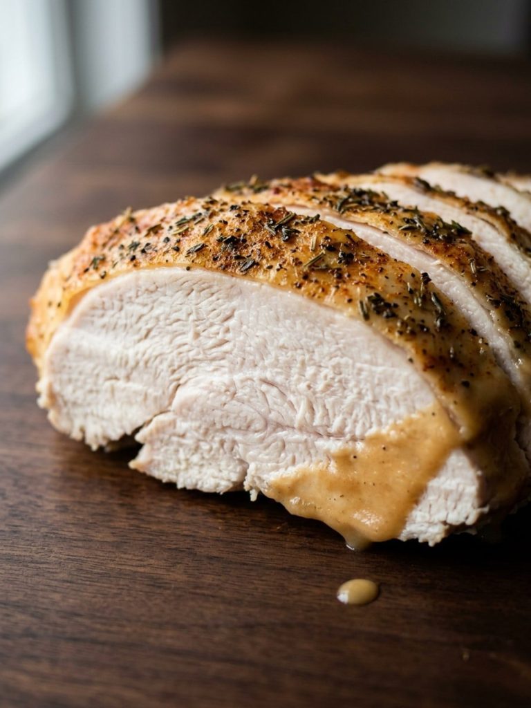 Close view of golden turkey skin above moist white breast meat.
