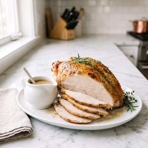 Sliced slow cooker turkey breast with golden skin fanned on a white platter, a small pitcher of gravy beside it