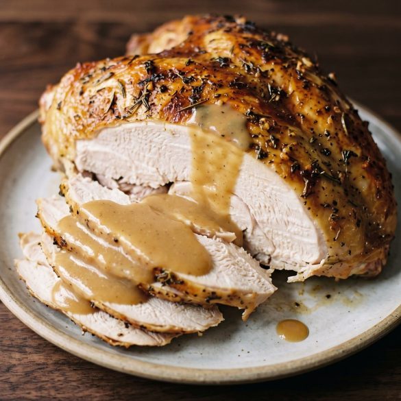 Carved turkey breast with golden skin and gravy spooned over the slices.