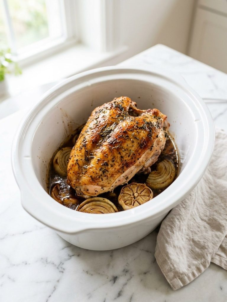 Cooked golden turkey breast sitting on onion and garlic in a white slow cooker insert, lid off