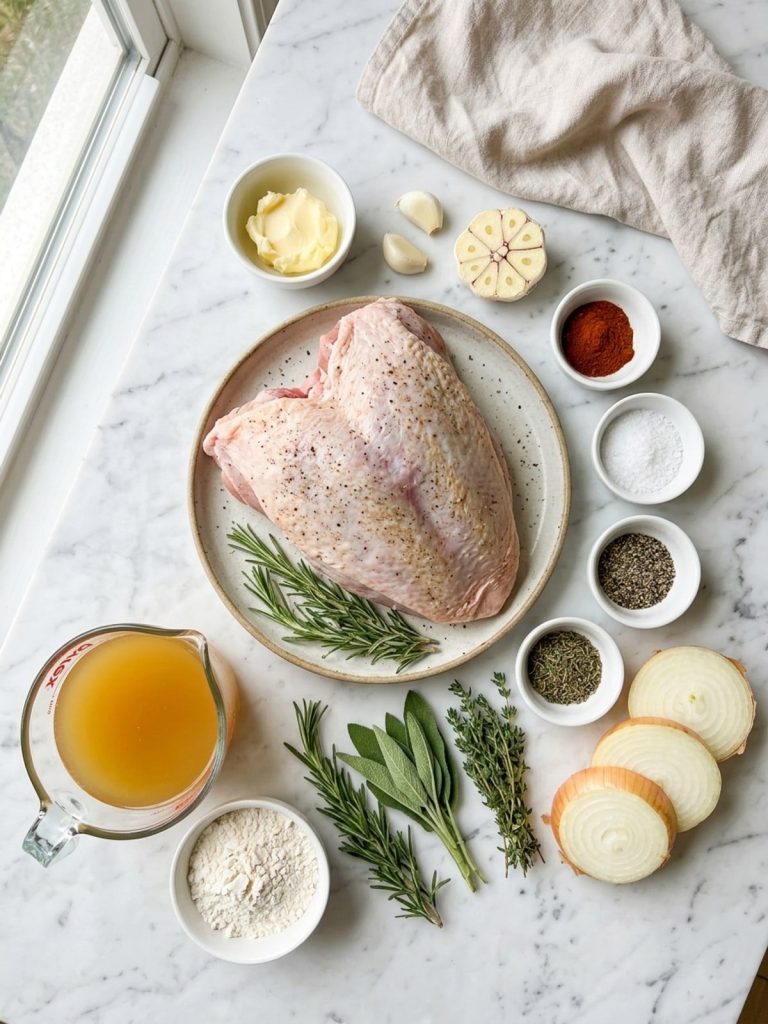 Overhead flat lay of raw turkey breast, butter, garlic, fresh herbs, spices in small bowls, an onion and a cup of chicken broth on marble