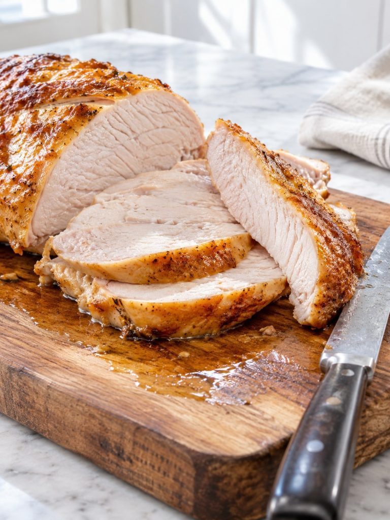 Close side view of thick turkey breast slices on a wooden board with juices, one slice lifted, a carving knife beside it