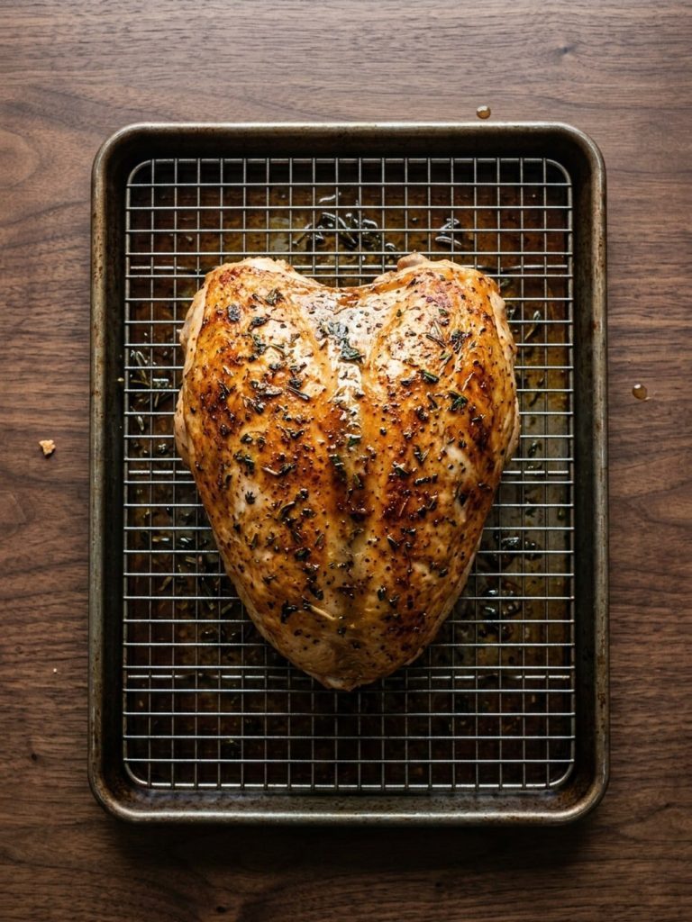 Step 5: Whole cooked turkey breast has golden skin after a brief broil.