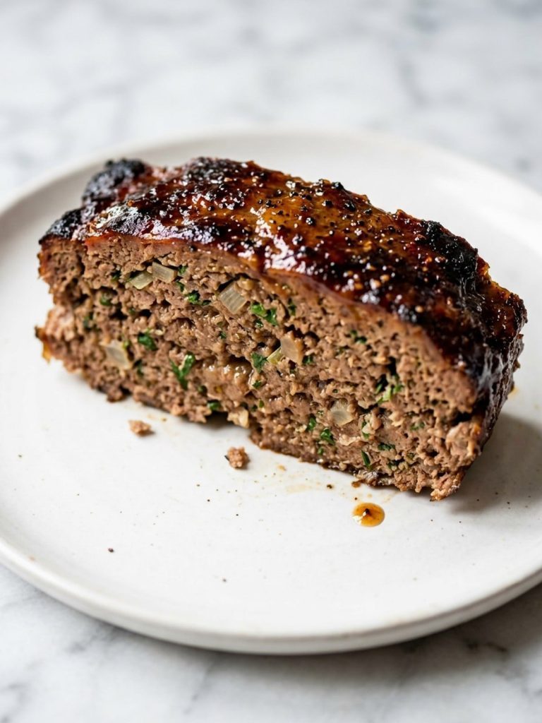 Close view of a thick slice of smoked meatloaf with sticky BBQ glaze