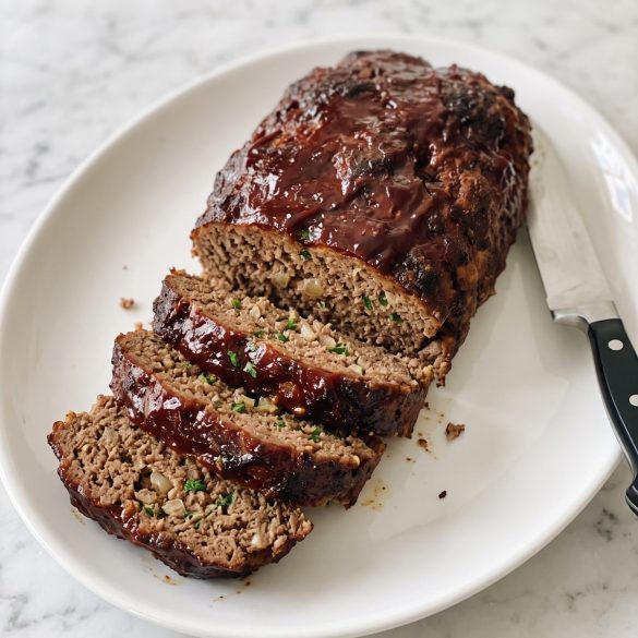 Sliced smoked meatloaf with a dark glossy BBQ glaze on a white platter