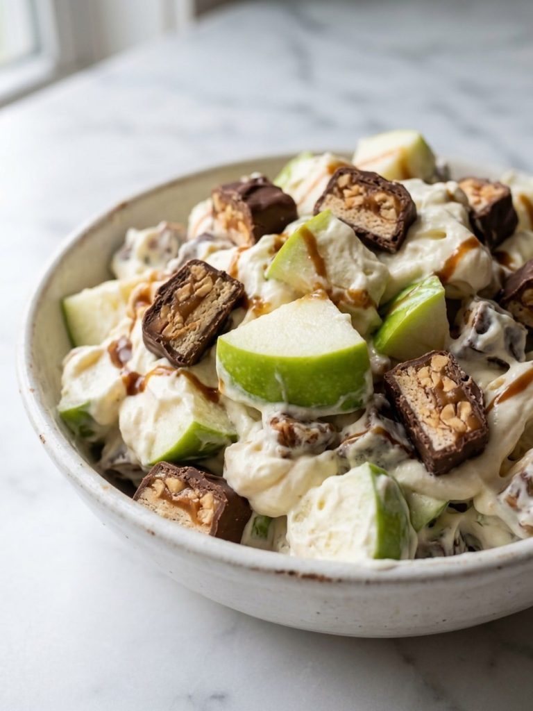 Close view of creamy Snickers salad coating crisp green apple and chopped candy pieces.