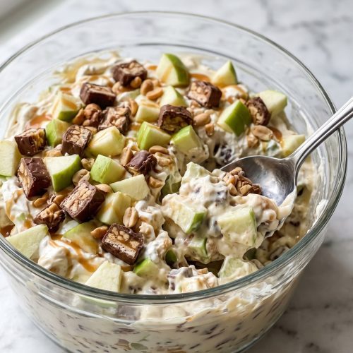 A bowl of creamy Snickers salad with chopped green apples, candy pieces, and a caramel drizzle.