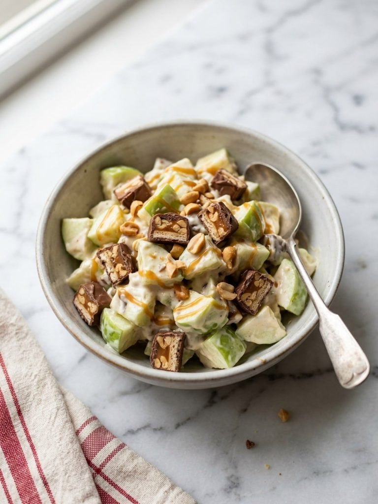 One serving of creamy Snickers salad in a small bowl with a spoon beside it.