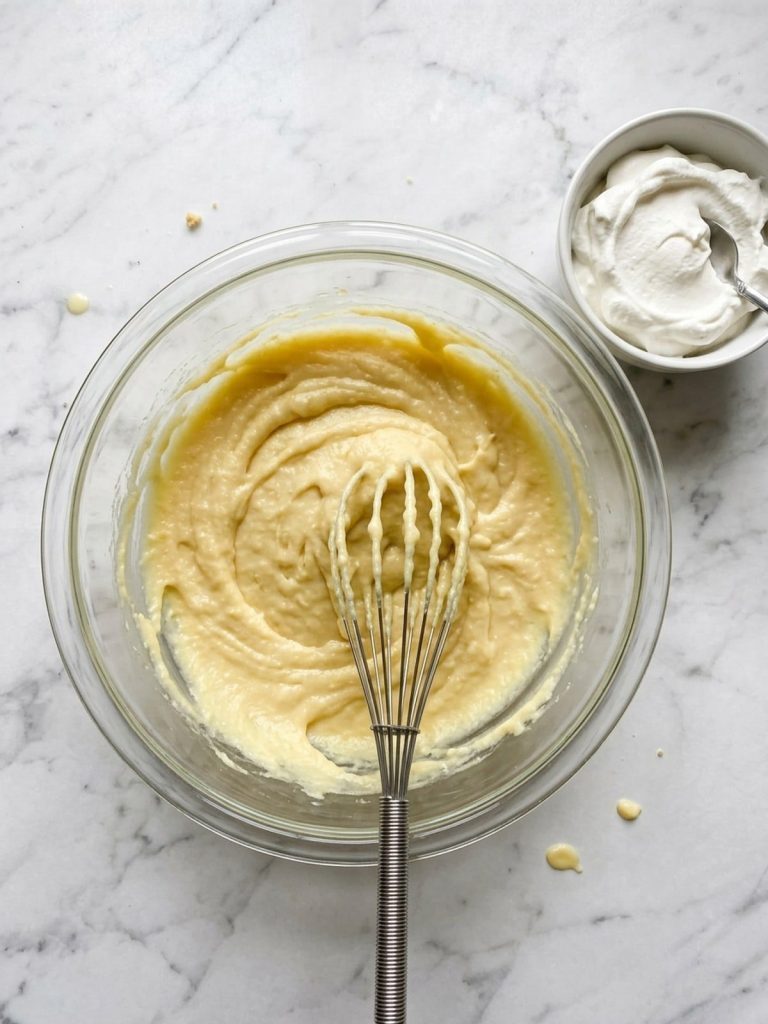 Step 1: Smooth, thick vanilla pudding paste in a glass mixing bowl.