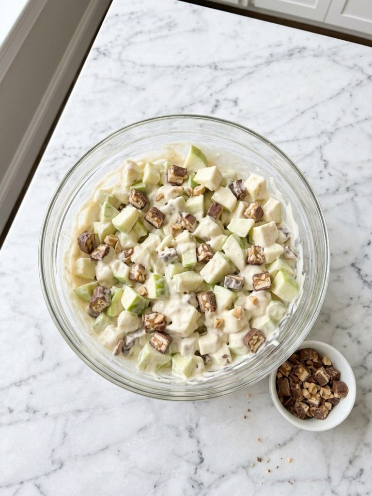 Step 5: Chopped Granny Smith apples and Snickers evenly coated in the creamy base.