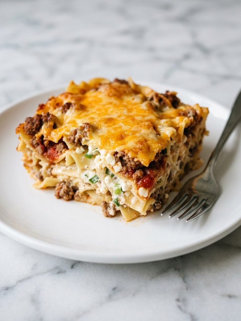 Close side view of one serving of beef noodle casserole on a white plate showing creamy egg noodles, beef tomato sauce and melted cheddar
