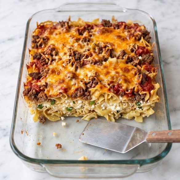 A clear glass baking dish of sour cream beef noodle casserole with one square scooped out to show the creamy noodle and beef layers under melted cheddar