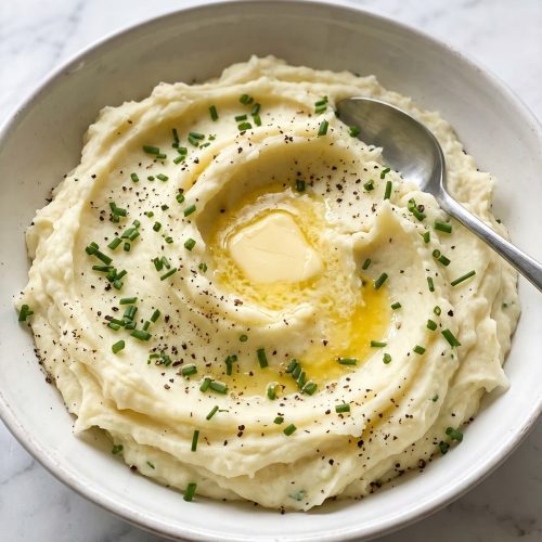 A bowl of creamy mashed potatoes with a melting pat of butter and chives