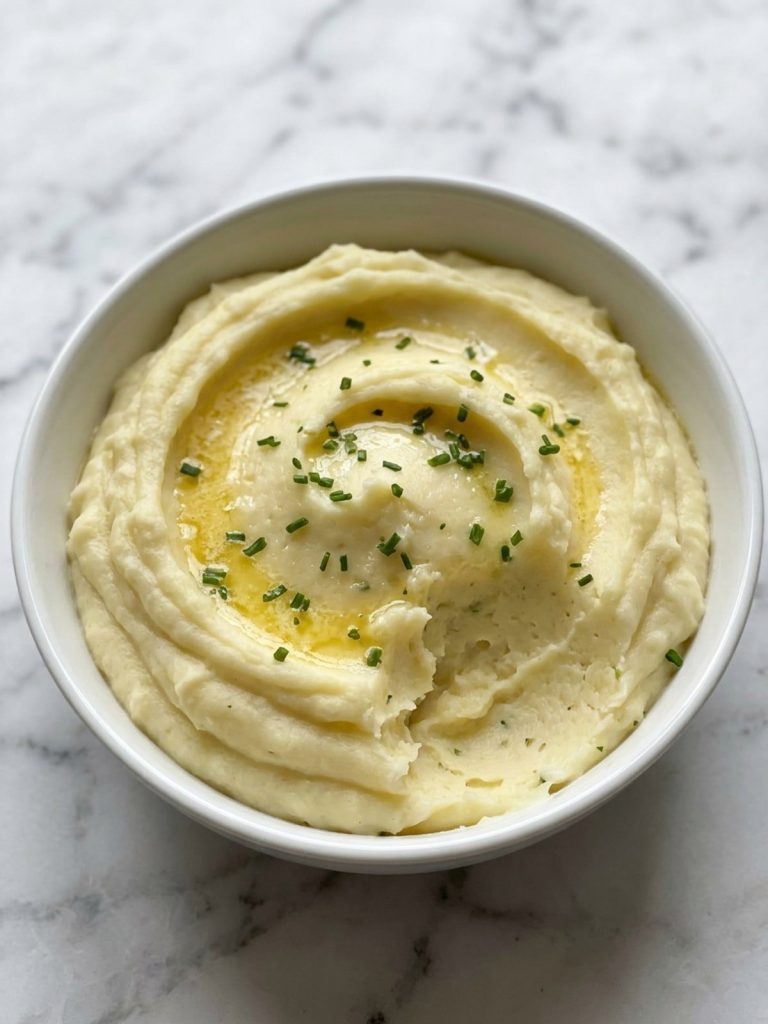 A bowl of creamy sour cream mashed potatoes with melted butter and chives