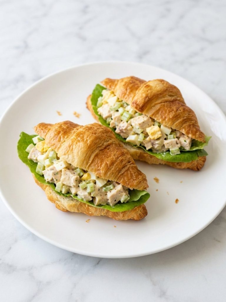 A buttered croissant sandwich filled with Southern chicken salad on a plate