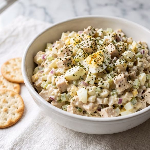A bowl of Southern chicken salad with chopped egg, celery and relish