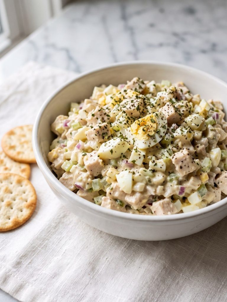 A bowl of Southern chicken salad with chopped egg, celery and relish