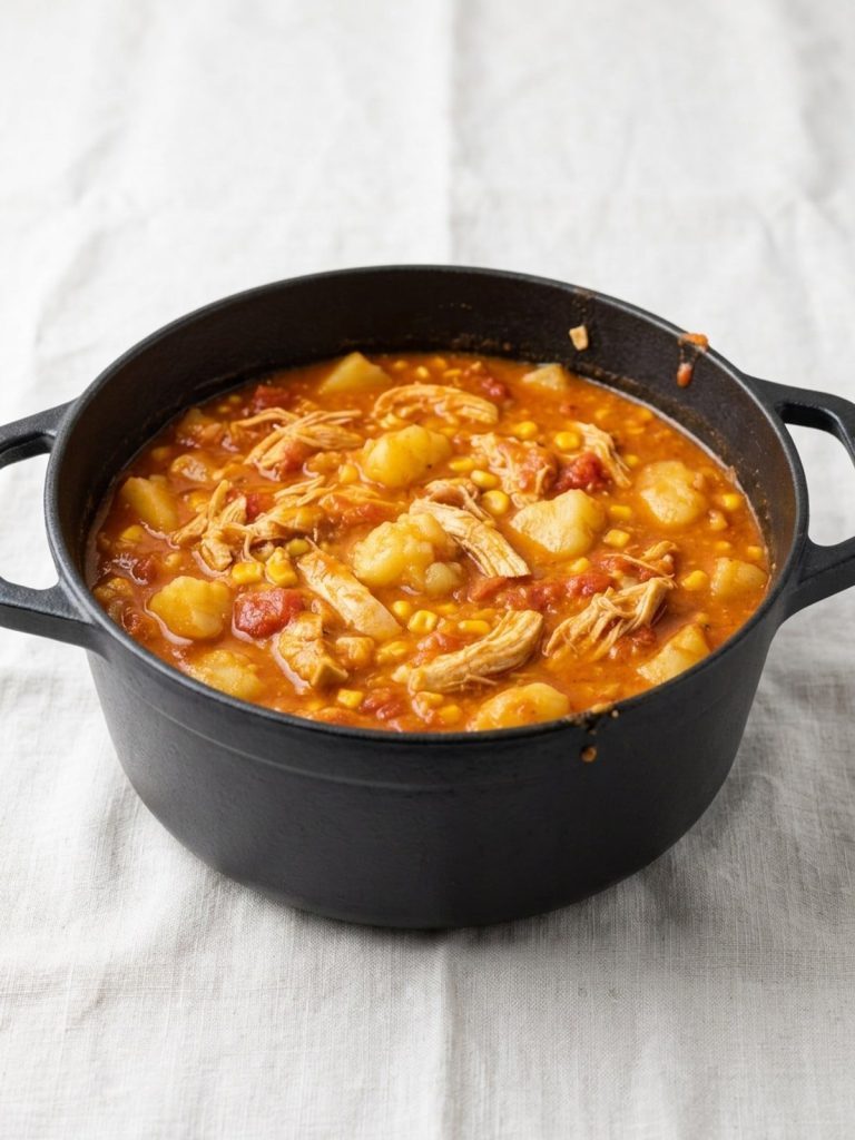 Thick chicken stew with potatoes, corn and tomatoes in a Dutch oven