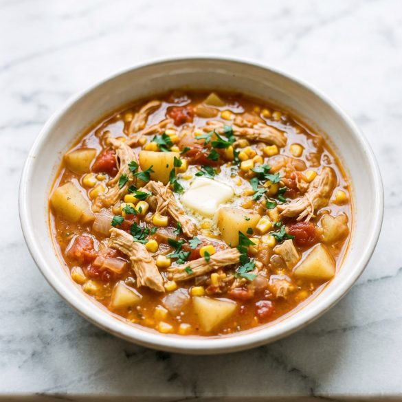 A bowl of Southern chicken stew with shredded chicken, potatoes, corn and tomatoes