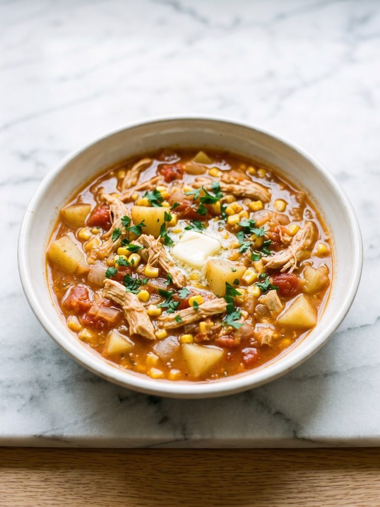 A bowl of Southern chicken stew with shredded chicken, potatoes, corn and tomatoes