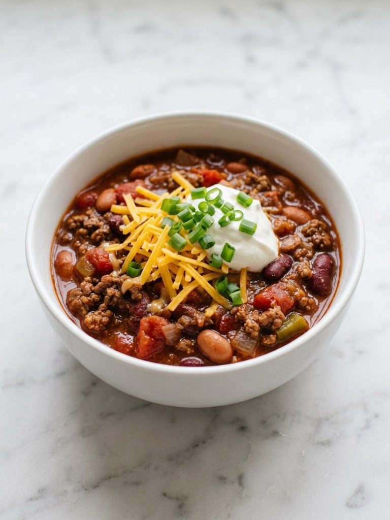 A bowl of beef and bean chili topped with cheddar, sour cream and green onions