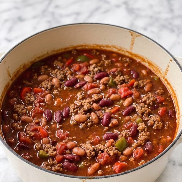 A pot of Southern chili with ground beef, kidney and pinto beans, tomatoes and peppers