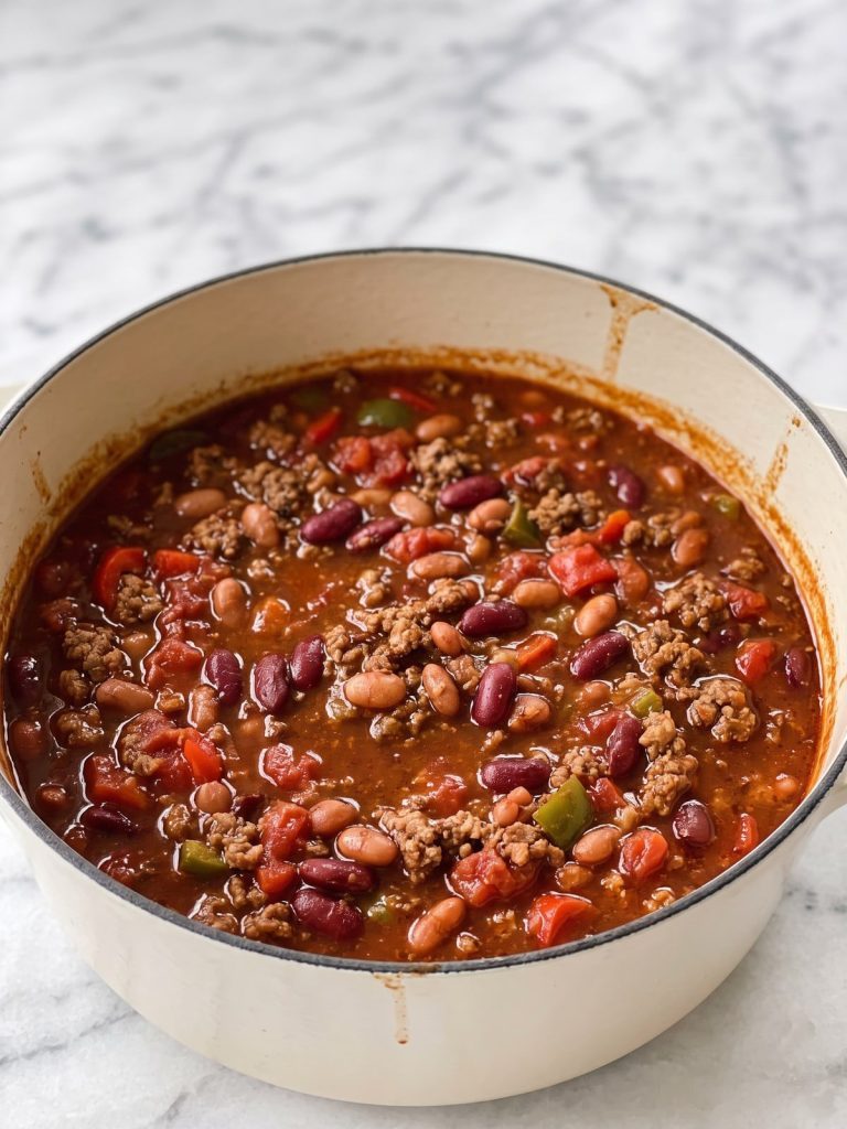 A pot of Southern chili with ground beef, kidney and pinto beans, tomatoes and peppers