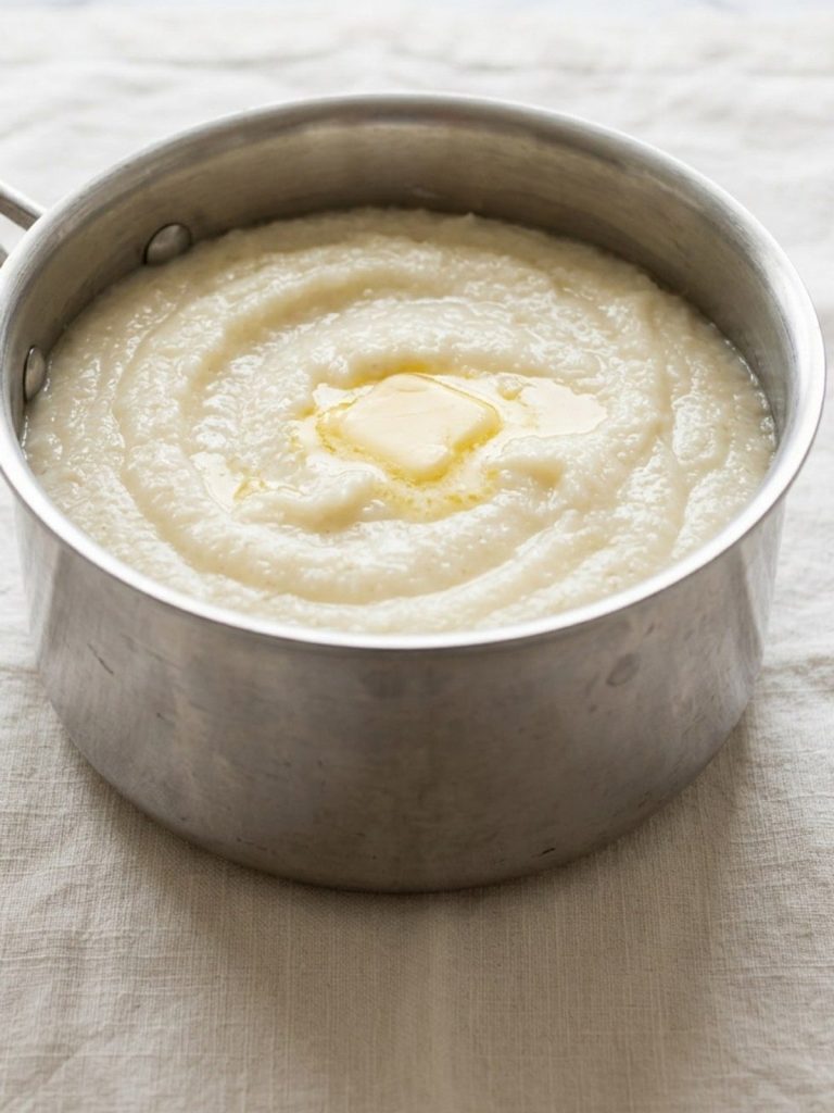 A saucepot of cooked creamy grits with melted butter on top