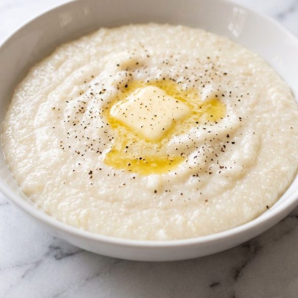 A bowl of creamy Southern grits with a pat of melting butter and black pepper
