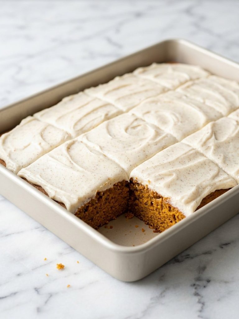 Frosted sweet potato sheet cake in a 9x13 pan with one square cut out