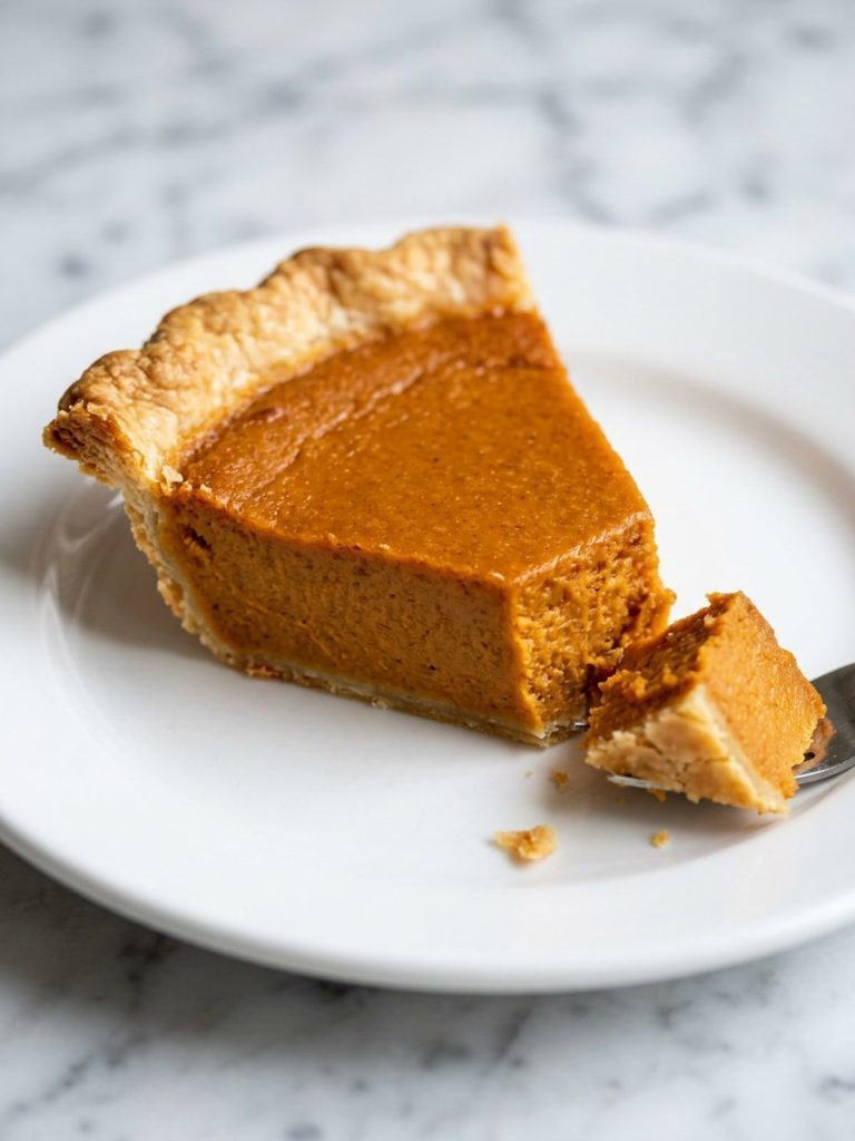 Close view of a slice of Southern sweet potato pie showing the smooth orange filling