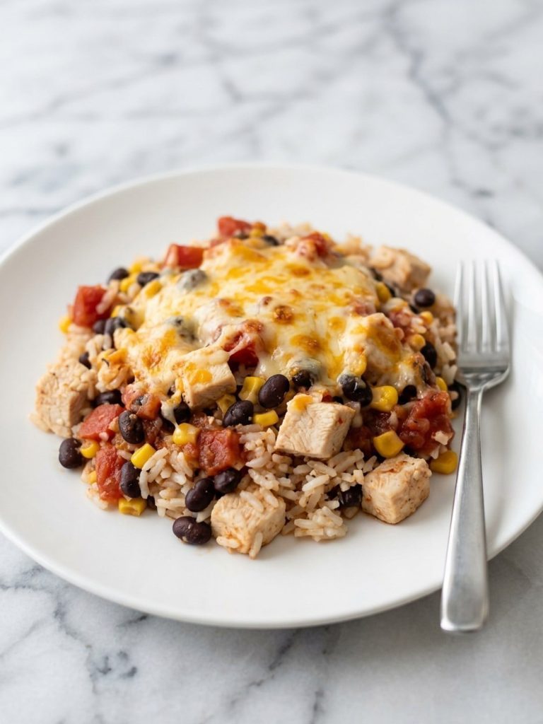 Close view of a scoop of southwest chicken casserole showing rice, chicken, black beans, corn and melted cheddar
