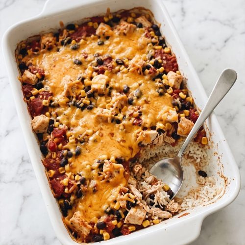 A baking dish of southwest chicken casserole with melted cheddar, black beans, corn and rice, one corner scooped out