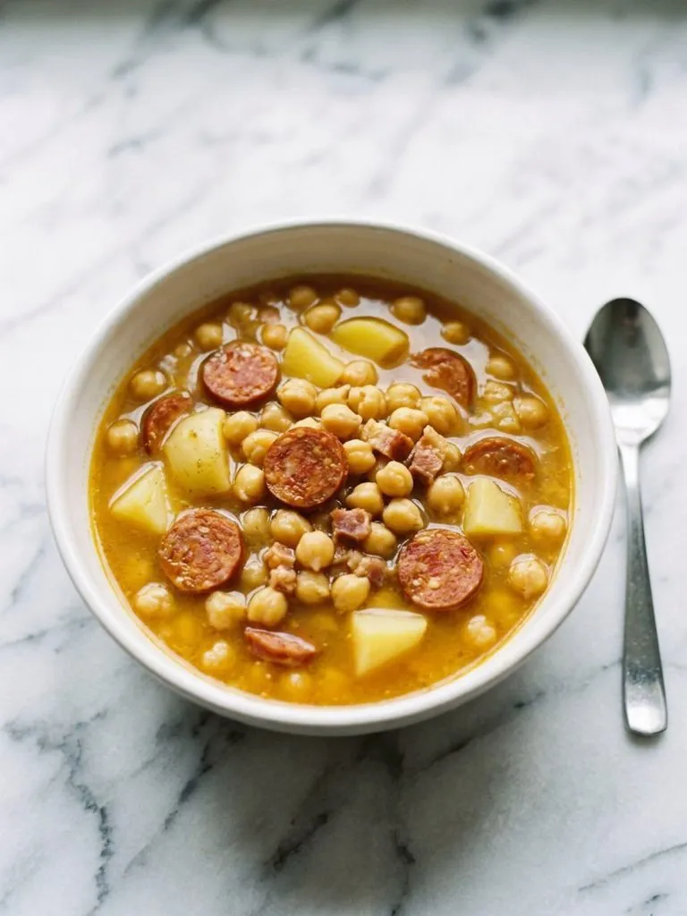 A white bowl of Spanish bean soup with garbanzo beans, potatoes and chorizo in a golden broth