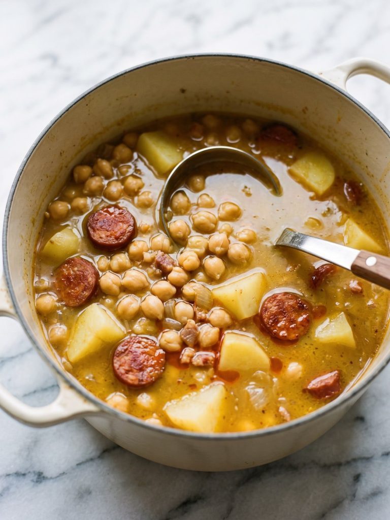 A cream Dutch oven of Spanish bean soup with garbanzo beans, potatoes and sliced chorizo