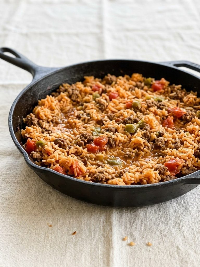 Spanish rice with ground beef in a large skillet