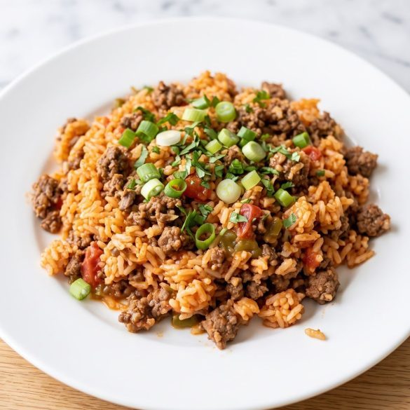 A plate of Spanish rice with ground beef, tomatoes and green chiles