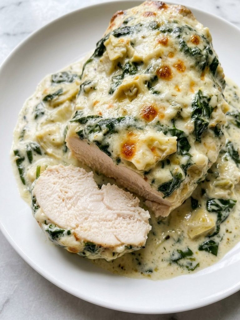 A white plate with a baked chicken breast under a creamy spinach and artichoke topping and melted golden cheese