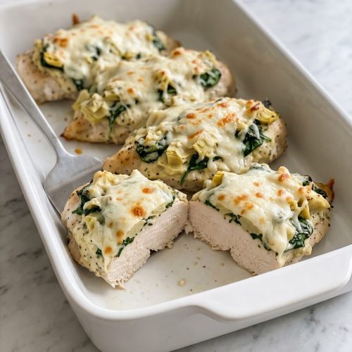 A baking dish of chicken breasts under a creamy spinach artichoke topping with golden broiled cheese