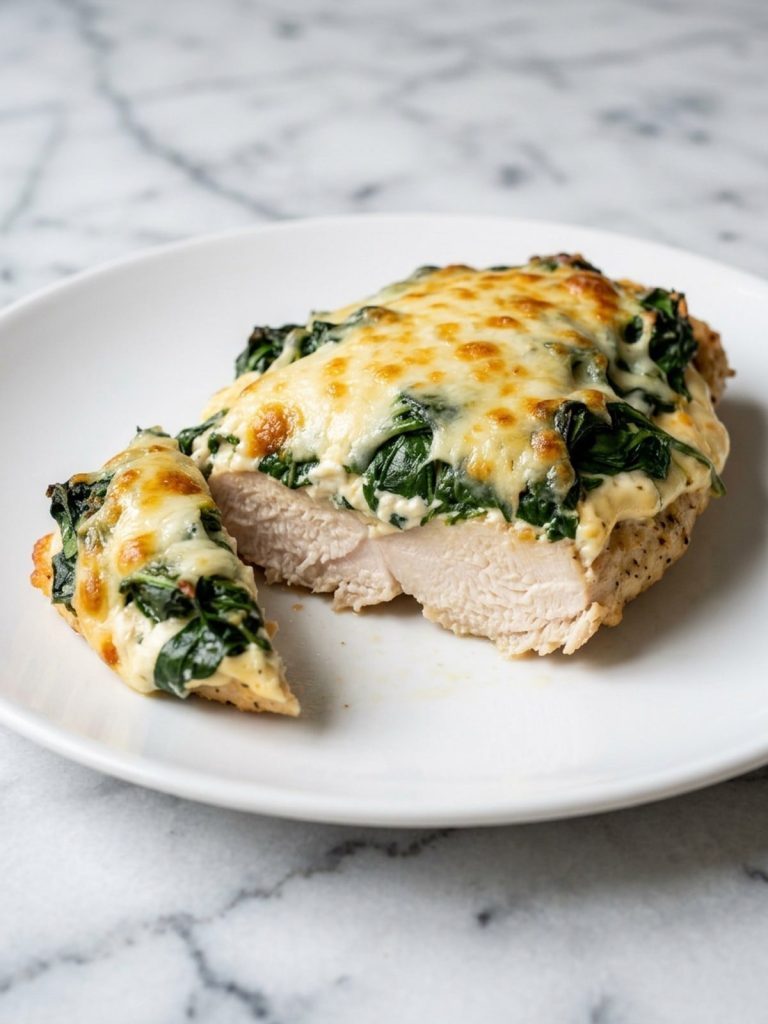 A plate with a chicken cutlet under creamy spinach and melted mozzarella