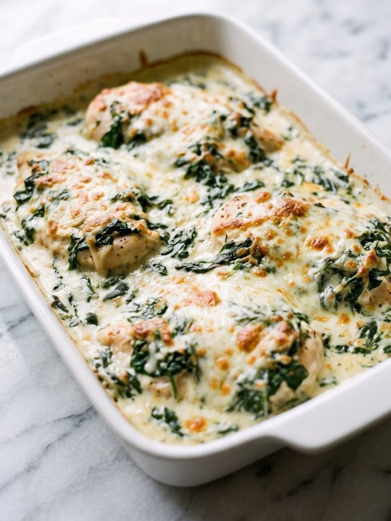 Chicken cutlets under a golden cream cheese, spinach and mozzarella topping in a baking dish