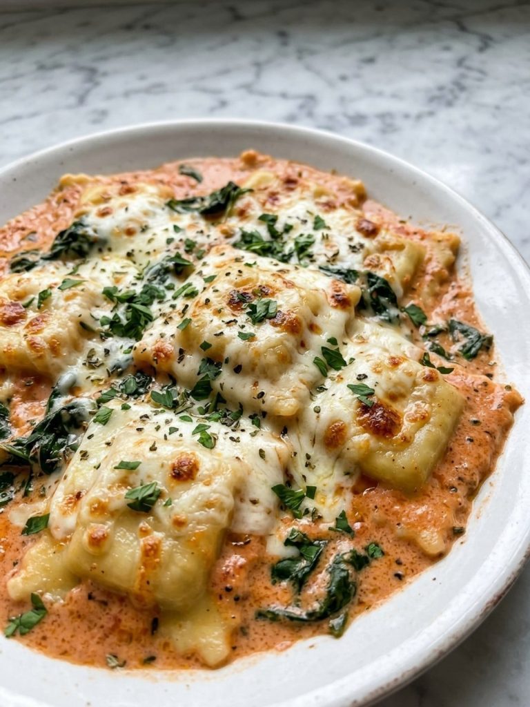 Close view of cheese ravioli in creamy tomato Alfredo sauce with spinach and melted mozzarella