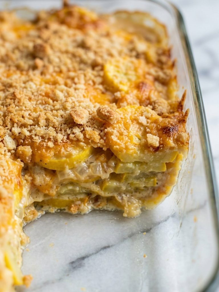 Close view of creamy yellow squash rounds beneath the golden cracker and cheddar topping