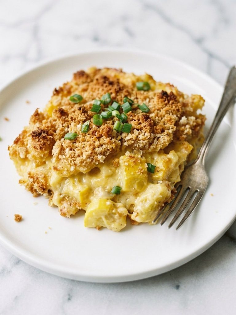 Close view of a serving of squash casserole on a white plate showing creamy squash and a crisp crumb top